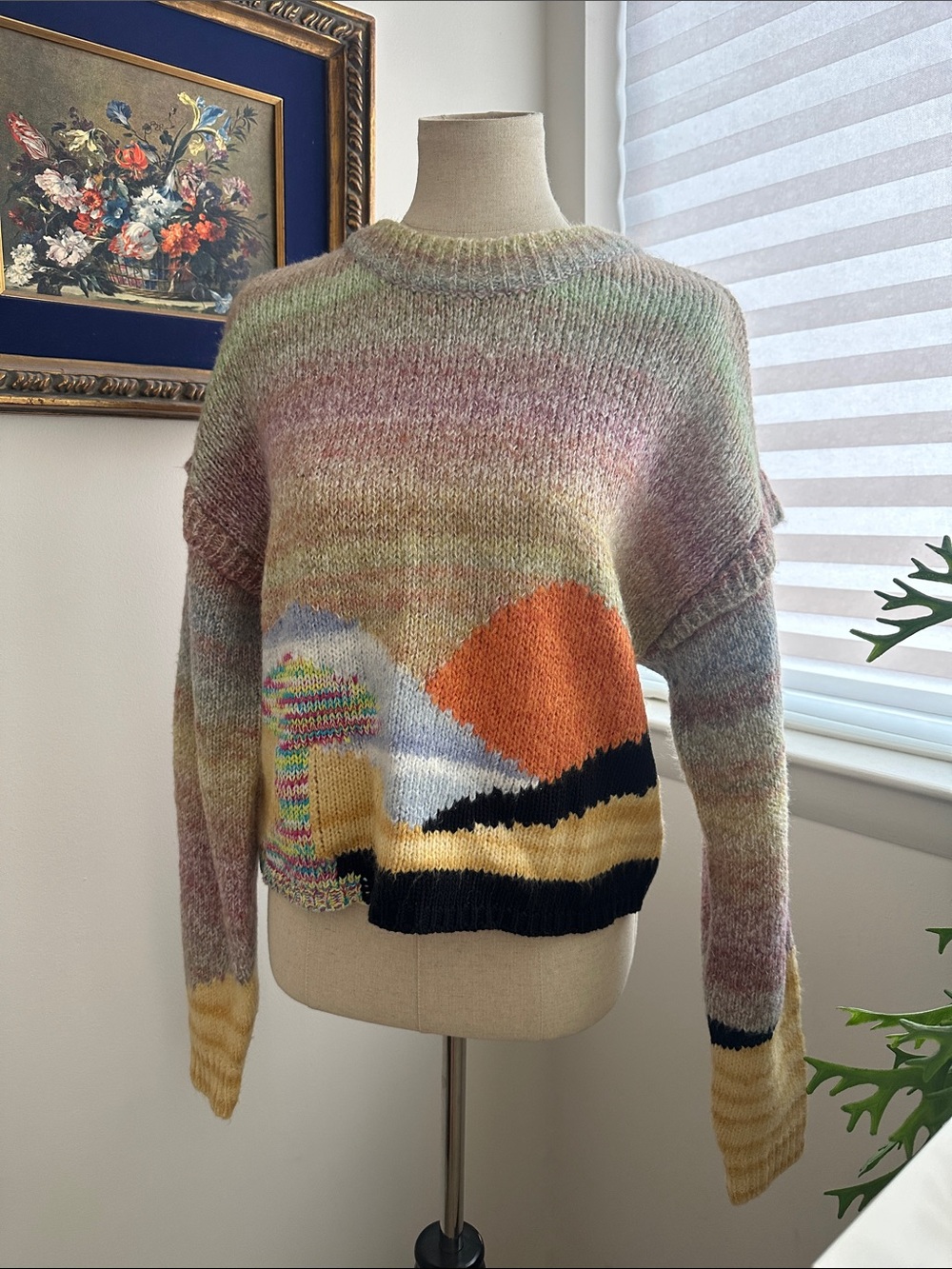 Urban Outfitters Multicolor Pastel & Orange Landscape Crewneck Sweater